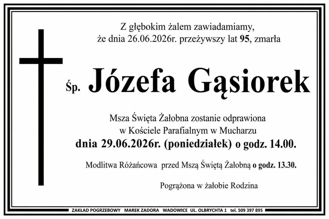 NEKROLOG  - Józefa Gąsiorek.