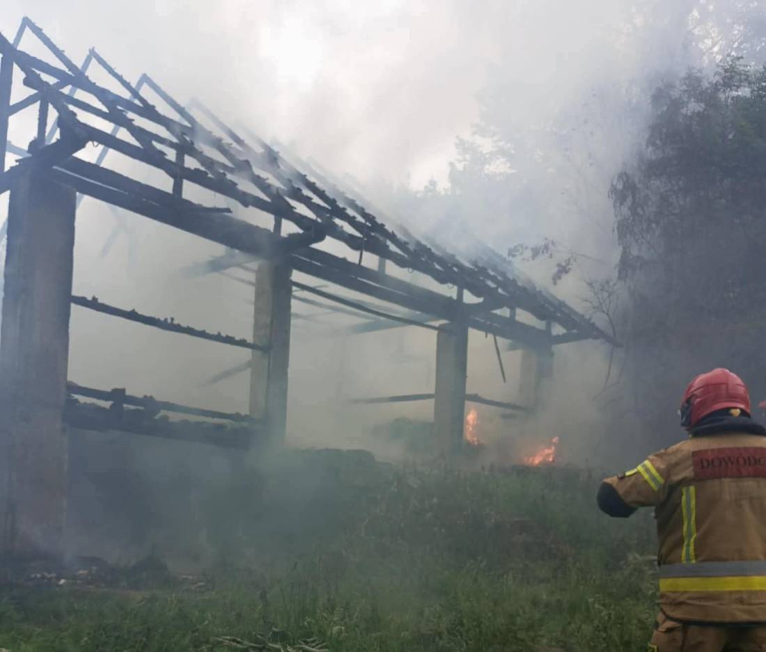 Pożar w Budzowie. Na miejscu pracują liczne zastępy straży pożarnej.