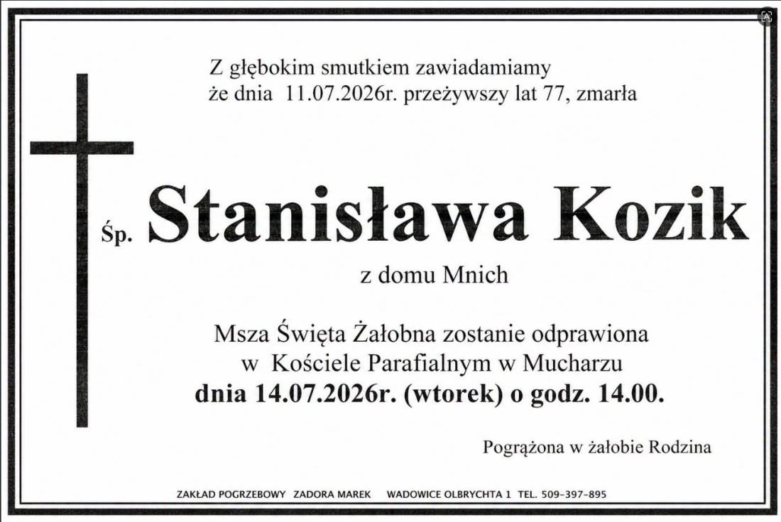 NEKROLOG - Stanisława Kozik. 