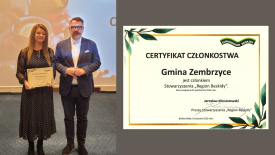 Gmina Zembrzyce z Certyfikatem Członkostwa Stowarzyszenia „Region Beskidy”. 