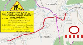 Zamknięcie drogi powiatowej nr 1683K Jordanów – Toporzysko – Sidzina w Jordanowie i w Toporzysku