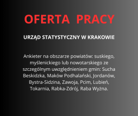 Oferty pracy - Ankieter na obszarze powiatów: suskiego, myślenickiego lub nowotarskiego ze szczególnym uwzględnieniem gmin: Sucha Beskidzka, Maków Podhalański, Jordanów, Bystra-Sidzina, Zawoja...