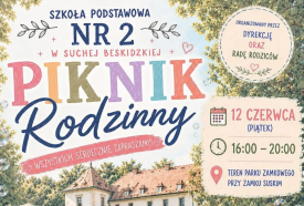 Zaproszenie na Piknik Szkoły Podstawowej nr 2 w Suchej Beskidzkiej.