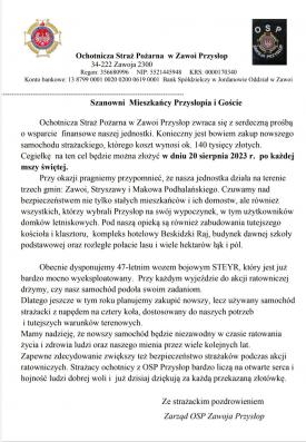 Ochotnicza Straż Pożarna w Zawoi Przysłop zwraca się z prośbą o wsparcie finansowe. 