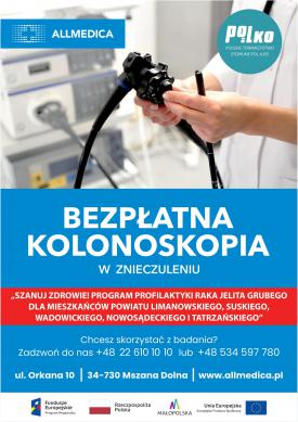 Allmedica zaprasza mieszkańców lub pracowników powiatu wadowickiego i suskiego na bezpłatne badania konoskopowe w pełnym znieczuleniu anestezjologicznym.