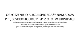 Ogłoszenie o Aukcji Sprzedaży Nakładów P.T. „BESKIDY-TOURIST” SP. Z O. O. W LIKWIDACJI.