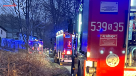 Pożar domku letniskowego w Stryszawie. Na miejscu liczne zastępy straży pożarnej.